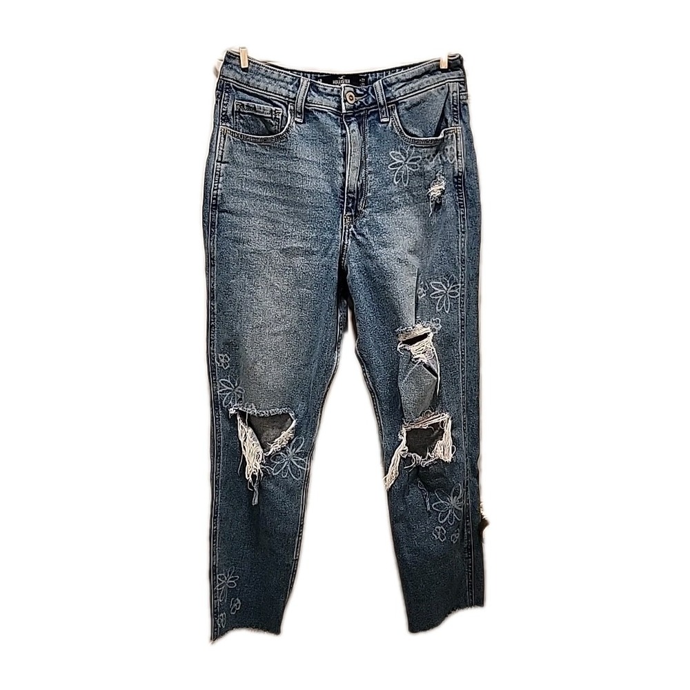 Hollister Sz 5R Ultra High Rise Mom Daisy Jeans Distressed Raw Hem Medium Wash